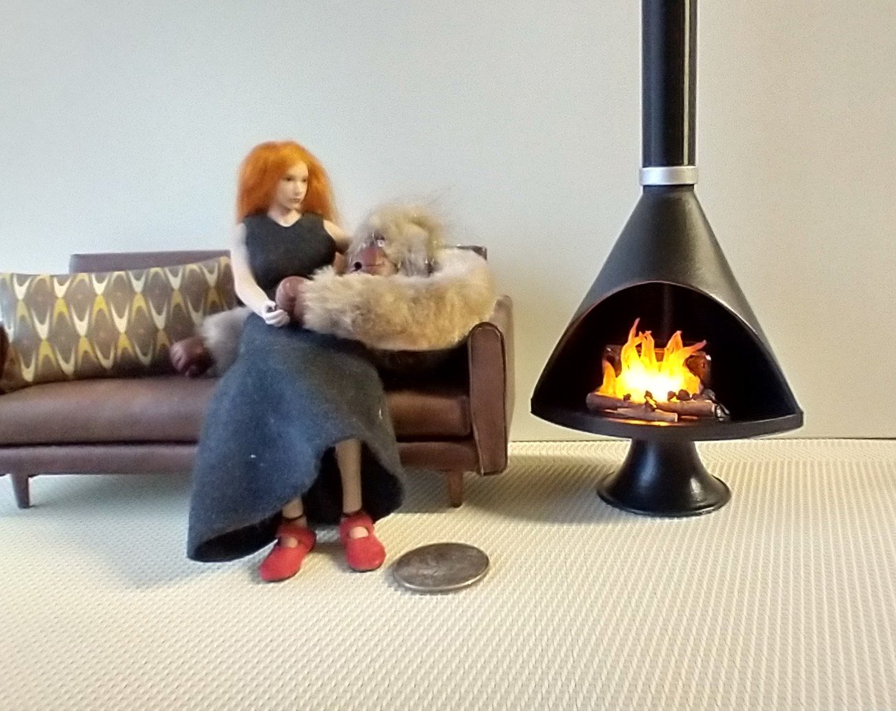 1:12 Dollhouse miniature Mid century modern free standing fireplace MCM Black fireplace inspired by Malm fireplace Retro fireplace REF Black
