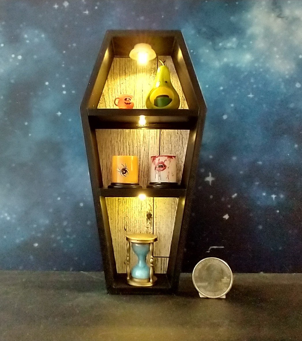 1:12 scale dollhouse miniature Halloween book case Black coffin display case Battery lighted Halloween display unit to showcase your mini Halloween treasures
