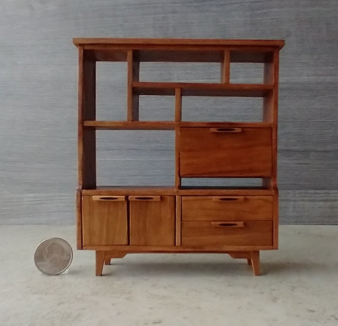 1:12 scale dollhouse mid-century modern wall unit room divider in cherry wood MCM display / book case with flip down door hinged doors working drawers