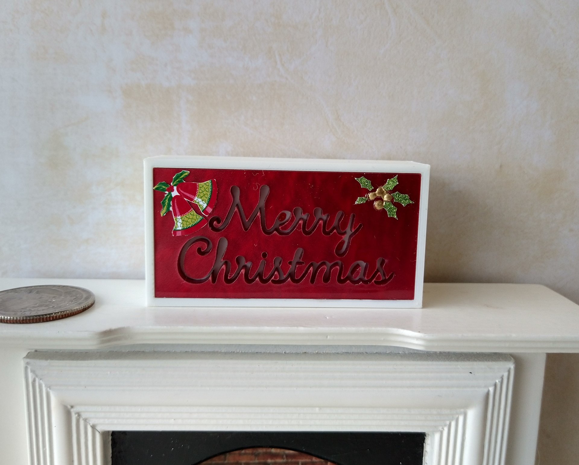 1:12 Dollhouse Merry Christmas light box Battery operated holiday light box No external wires REF Red bgound