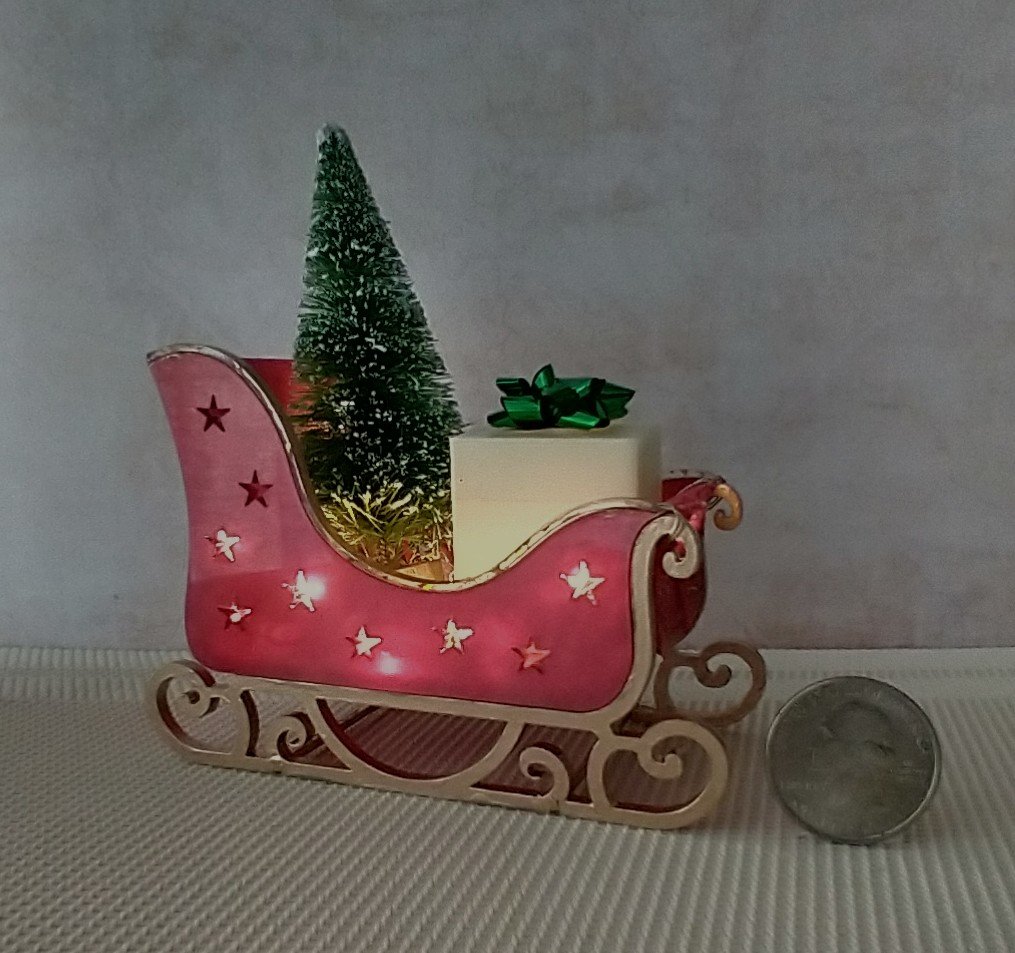 Miniature light up Santa sleigh holiday decor Battery lighted Christmas sleigh with tree and gift box for 1-inch or play scale REF Acrylic star cutouts