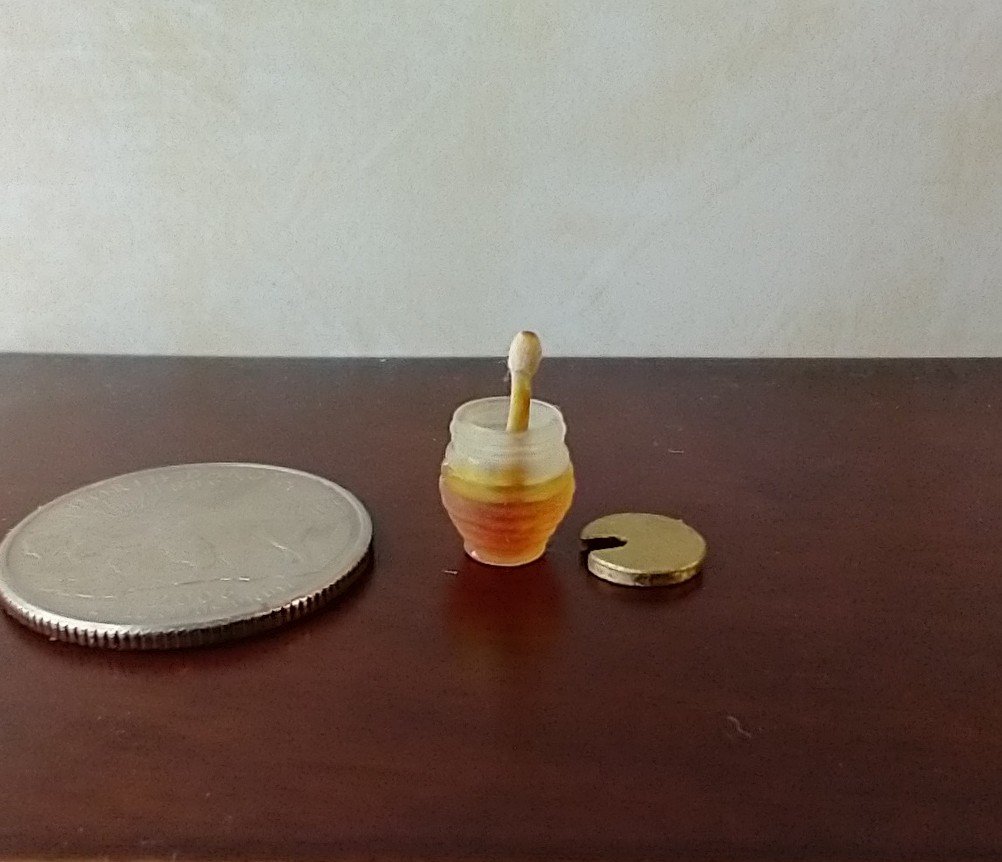 1:12 Dollhouse clear beehive honey jar with immersed wooden dipper and removable golden lid REF Golden lid