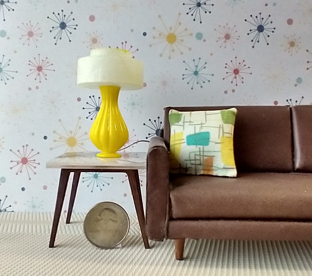 1:12 dollhouse mid-century modern style table lamp with tiered shade MCM retro style table lamp REF Yellow