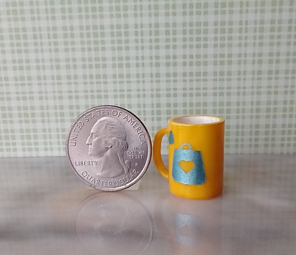 Play scale 1:6 or Barbie dollhouse yellow coffee mug with message Shopping Makes Everything Better for 12-inch dolls REF Yellow shopping