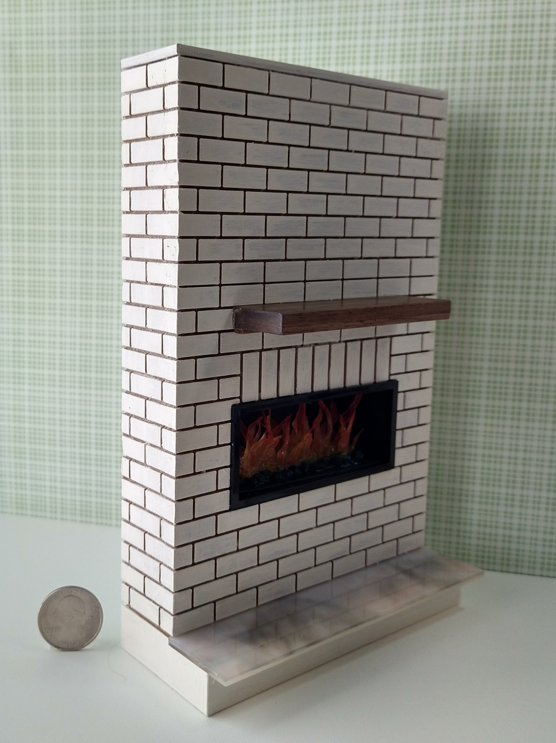 1:12 Dollhouse modern brick patterned fireplace with flickering insert slide switch battery opeated by two AAA batteries Free standing