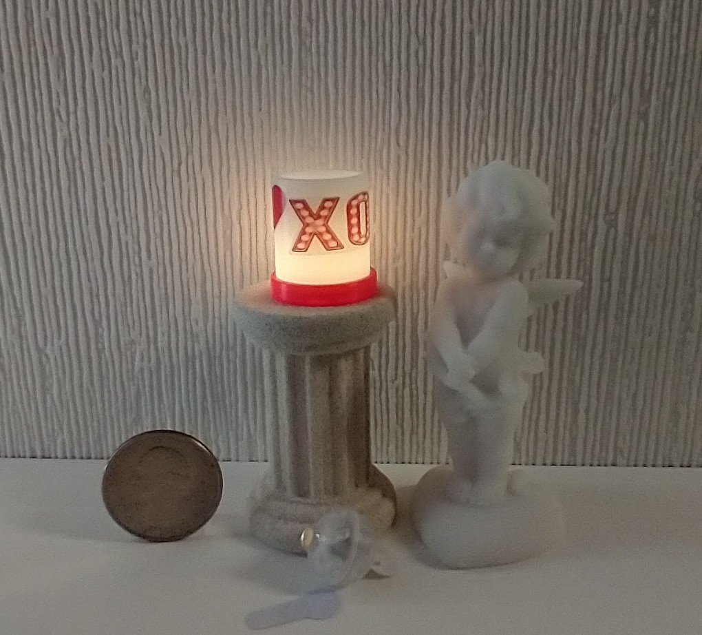 1:12 Dollhouse miniature LOVE candle sleeve or battery lighted candle holder REF XO & red heart balloon