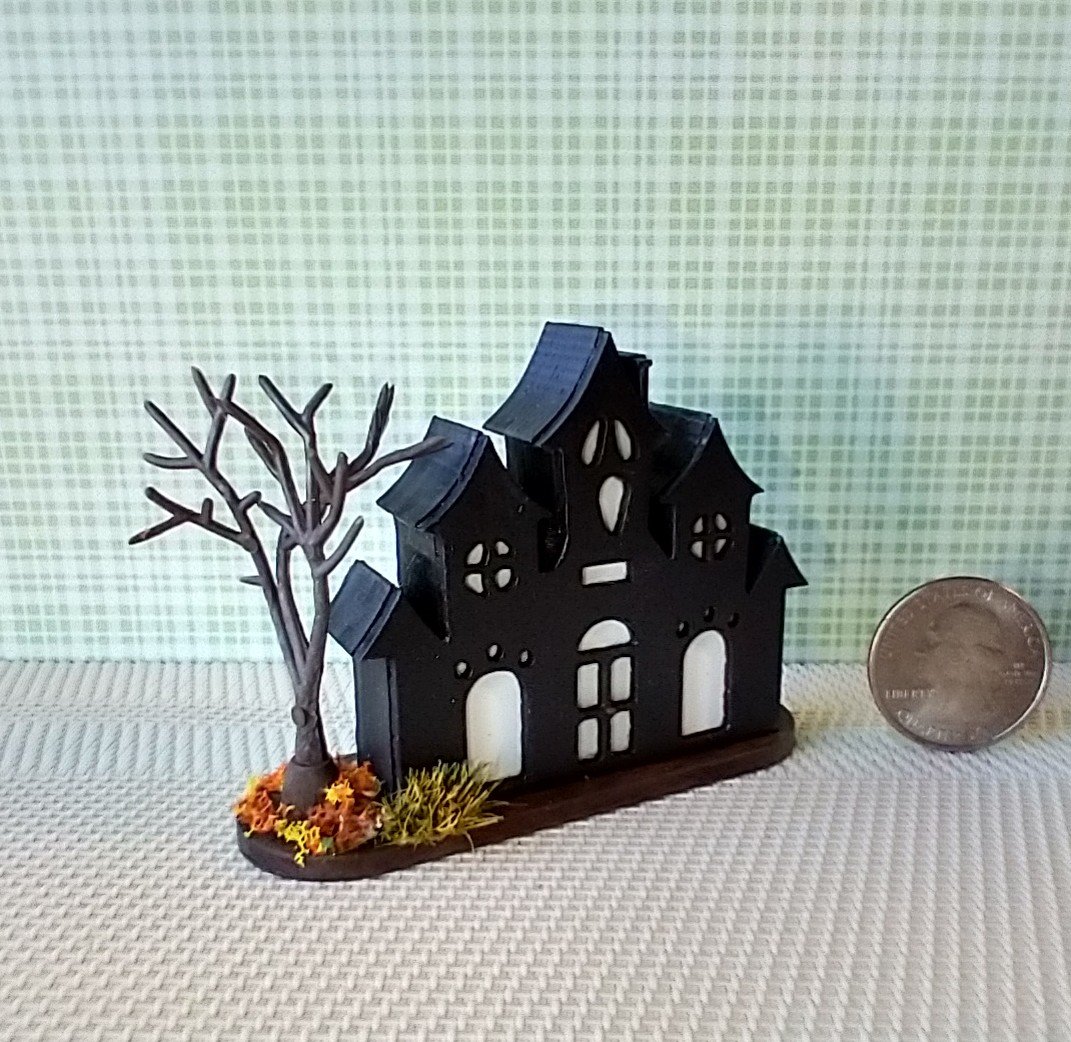 Miniature light up halloween haunted house with leafless tree Battery operated for 1-inch scale or play scale REF 3