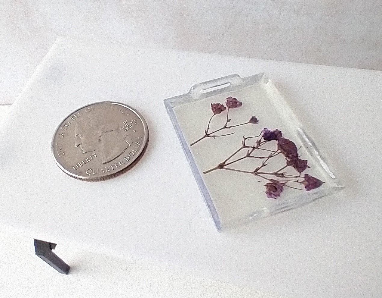 1:12 scale rectangular serving tray with pressed purple flowers Faux lucite tray with handles