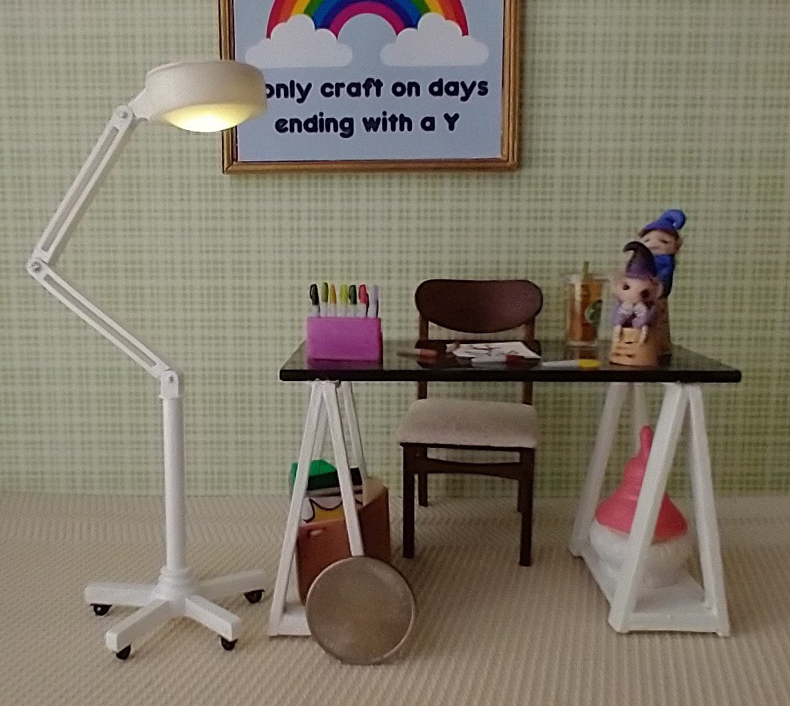 RESERVED 1:12 Dollhouse miniature battery operated floor lamp Craft room lamp with articulating arm and five-wheel base (non-rolling) No external wires