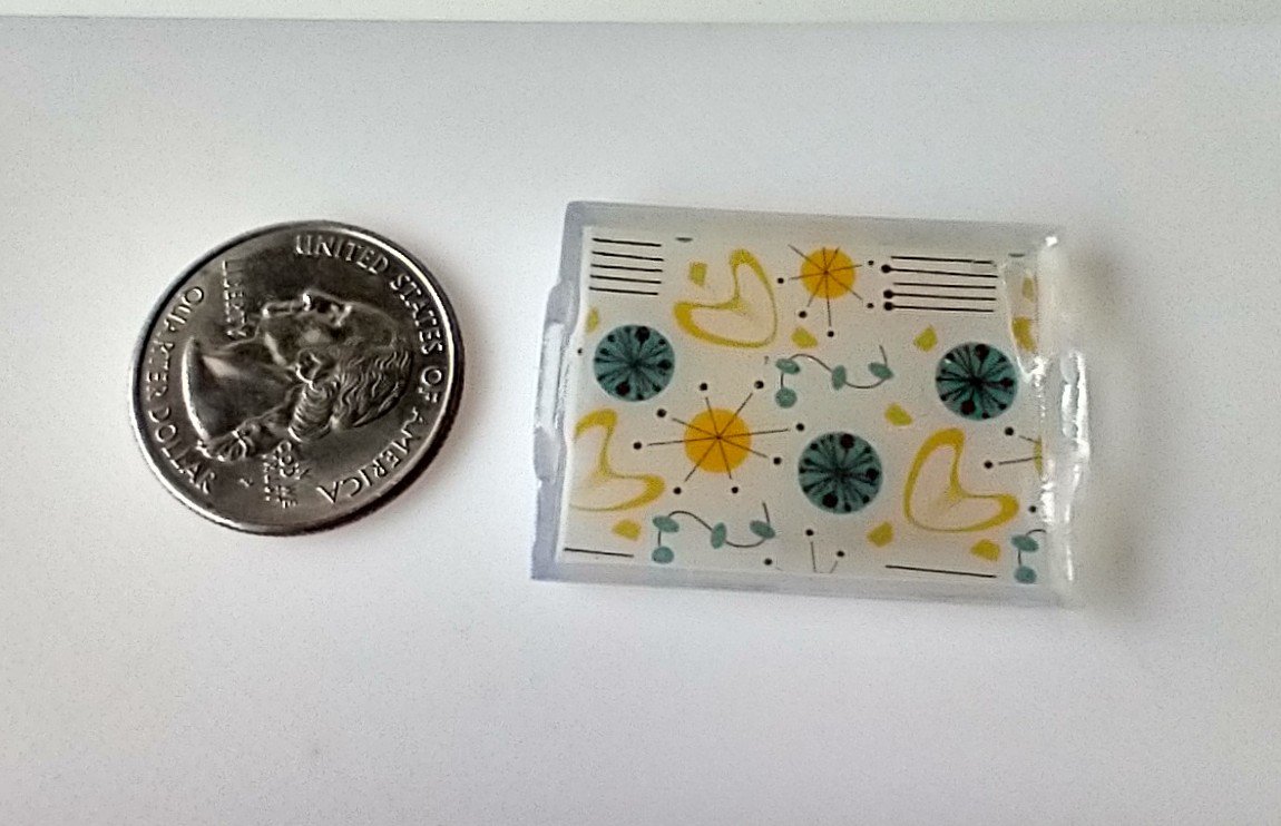 1:12 scale rectangular serving tray with MCM atomic themed graphics and two handles REF Yellow starburst