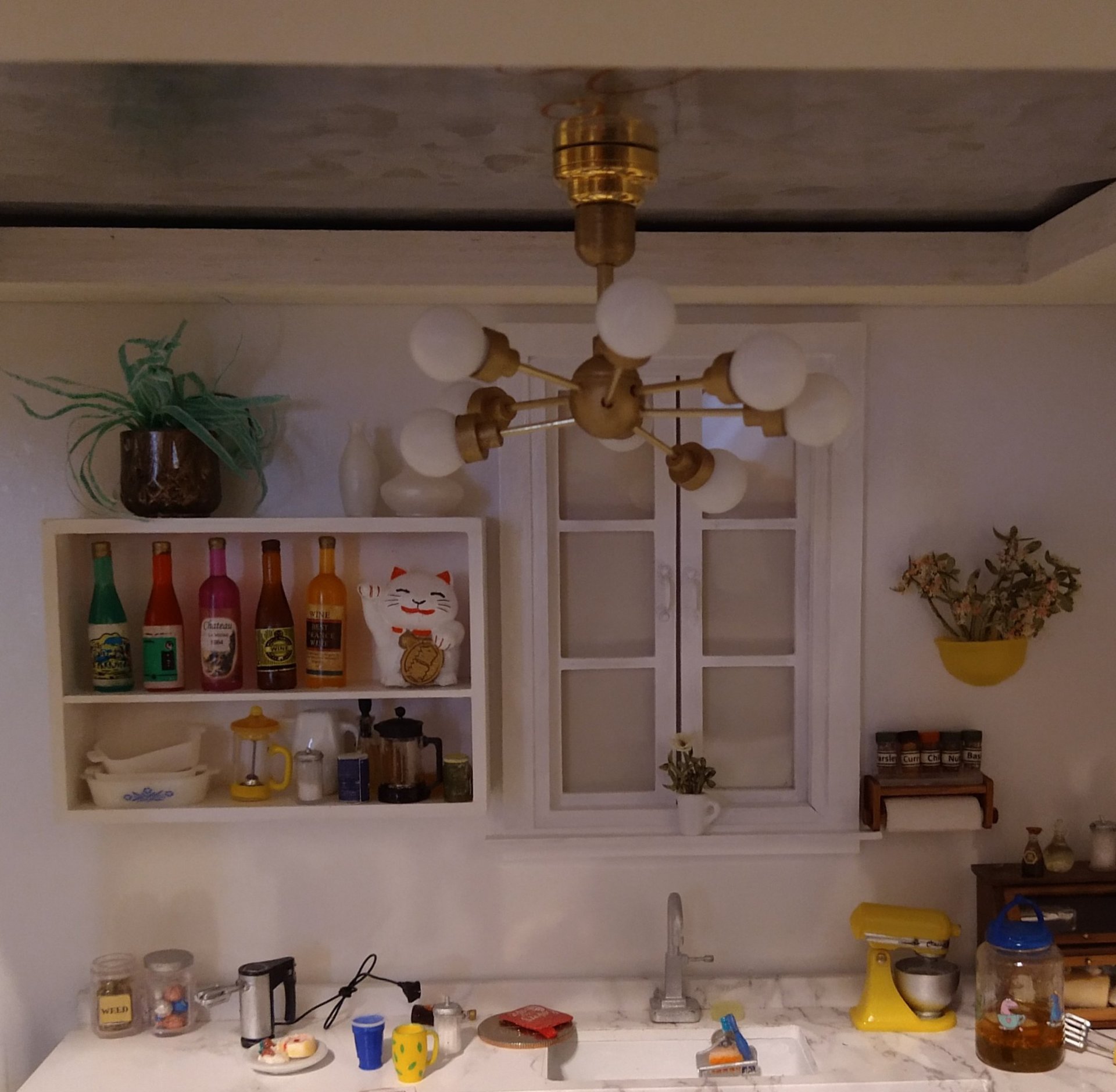For Valerie MADE TO ORDER 1:12 Dollhouse mid-century inspired space age orbit chandelier Battery operated atomic age MCM 8-arm ceiling light Dollhouse sputnik chandelier