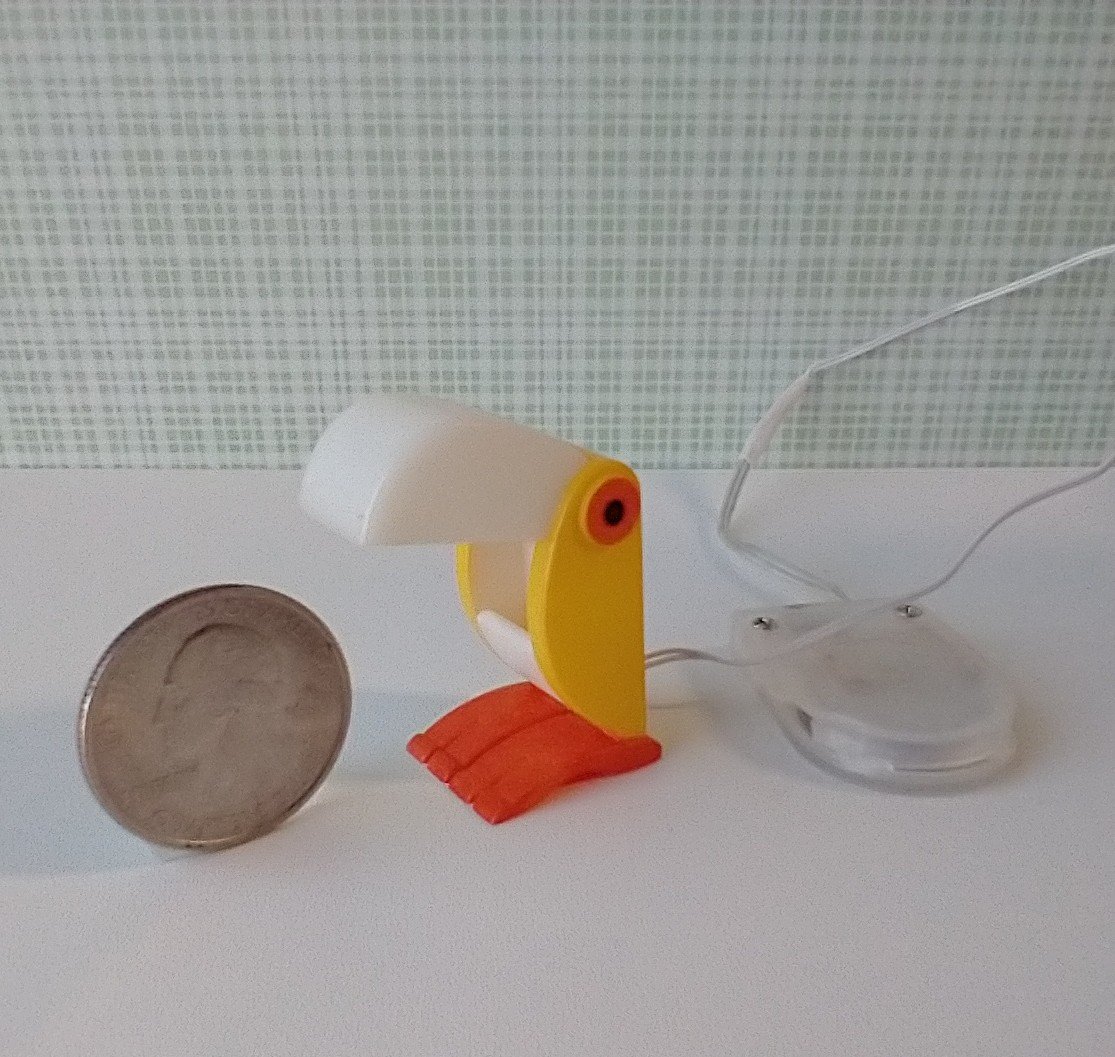 1:12 dollhouse MCM inspired toucan table lamp Battery operated bird lamp with external wires and switch REF Yellow bird