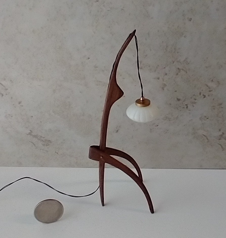 1:12 dollhouse miniature mid-century style floor lamp with sculptural tripod legs in solid cherry Rispal inspired Praying mantis lamp Battery operated LED lamp REF Walnut wood