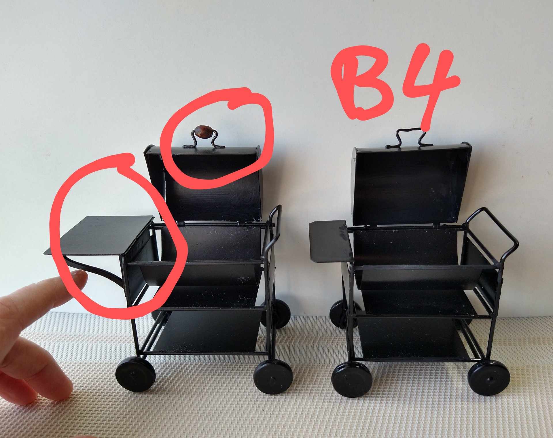 1:12 Dollhouse BBQ grill (metal) with battery operated charcoal glowing / flickering insert Upgraded grate and enlarged left shelf for grilled goodies