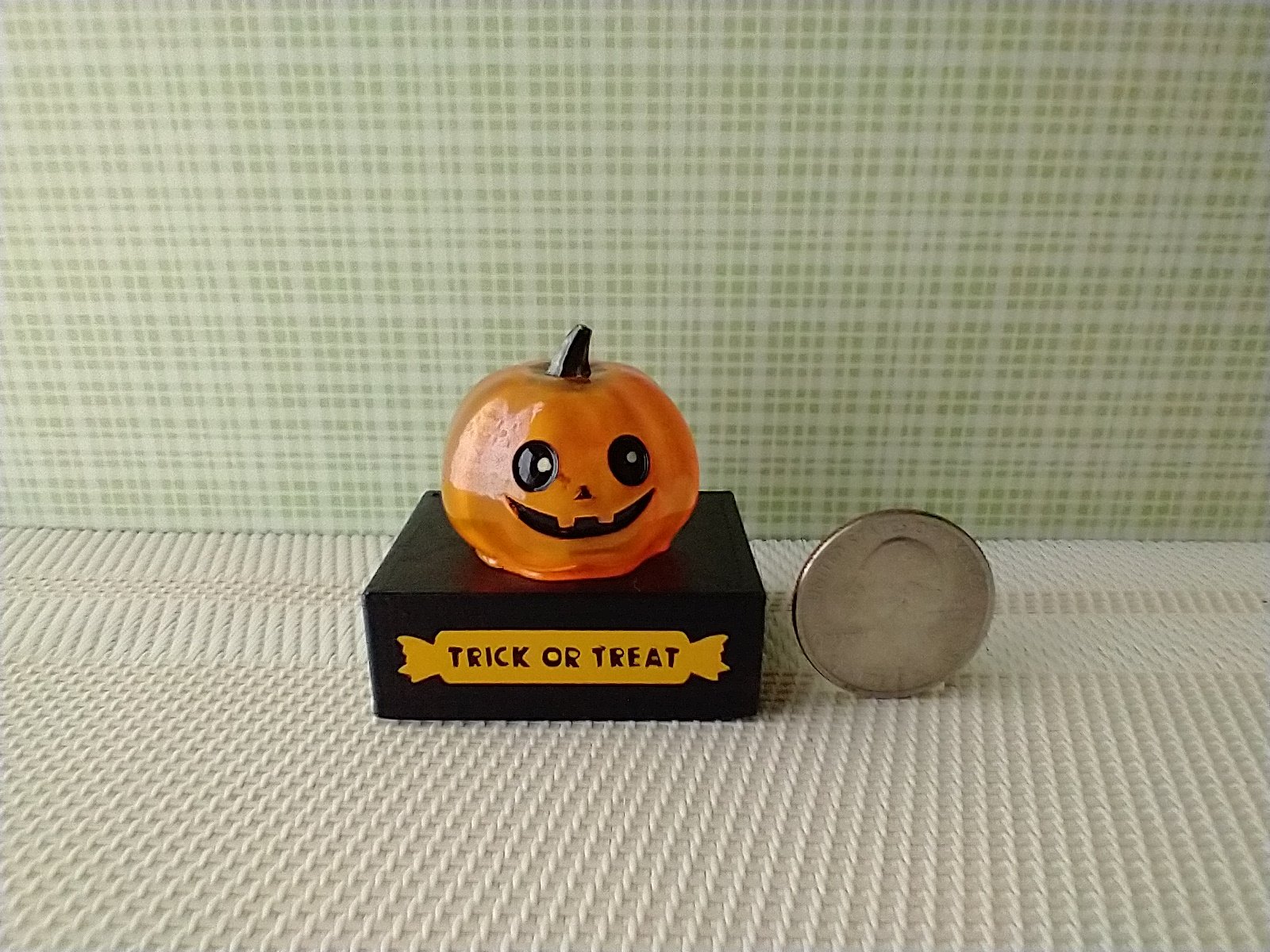 Battery lighted miniature faux glass Jack-o-Lantern Pumpkin light on black stand Halloween light for 1-inch scale or play scale