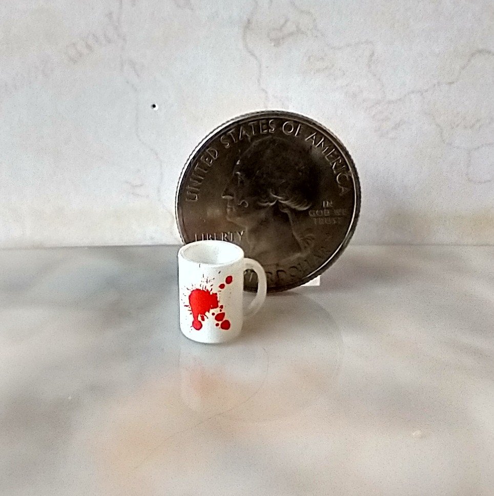 1:12 Dollhouse miniature white mug with bloody hand print and blood spatter PRICE is for ONE REF Bloody