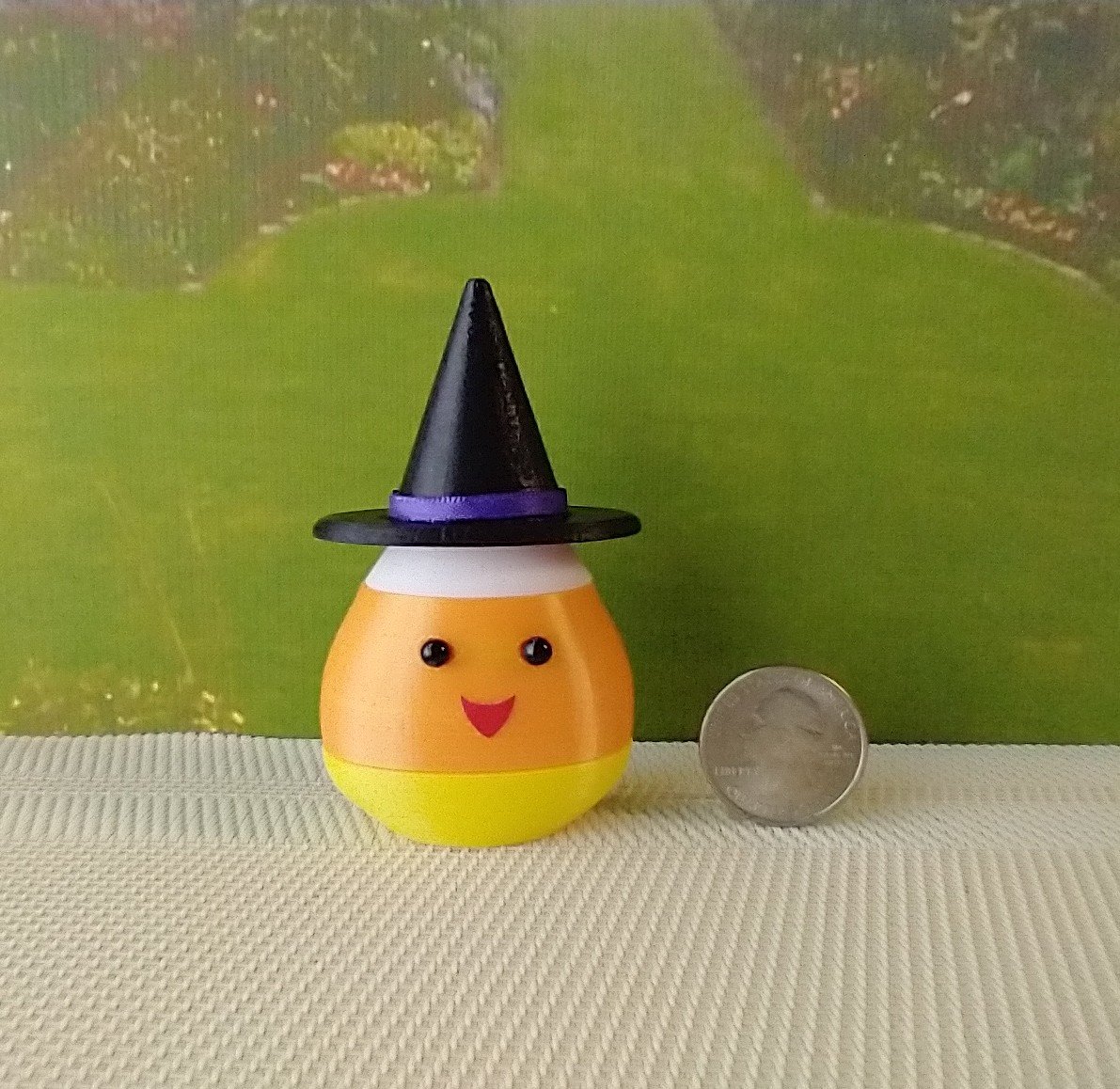Dollhouse miniature lighted candy corn witch Battery operated Halloween decor for 1:12 or play scale REF Purple hat trim