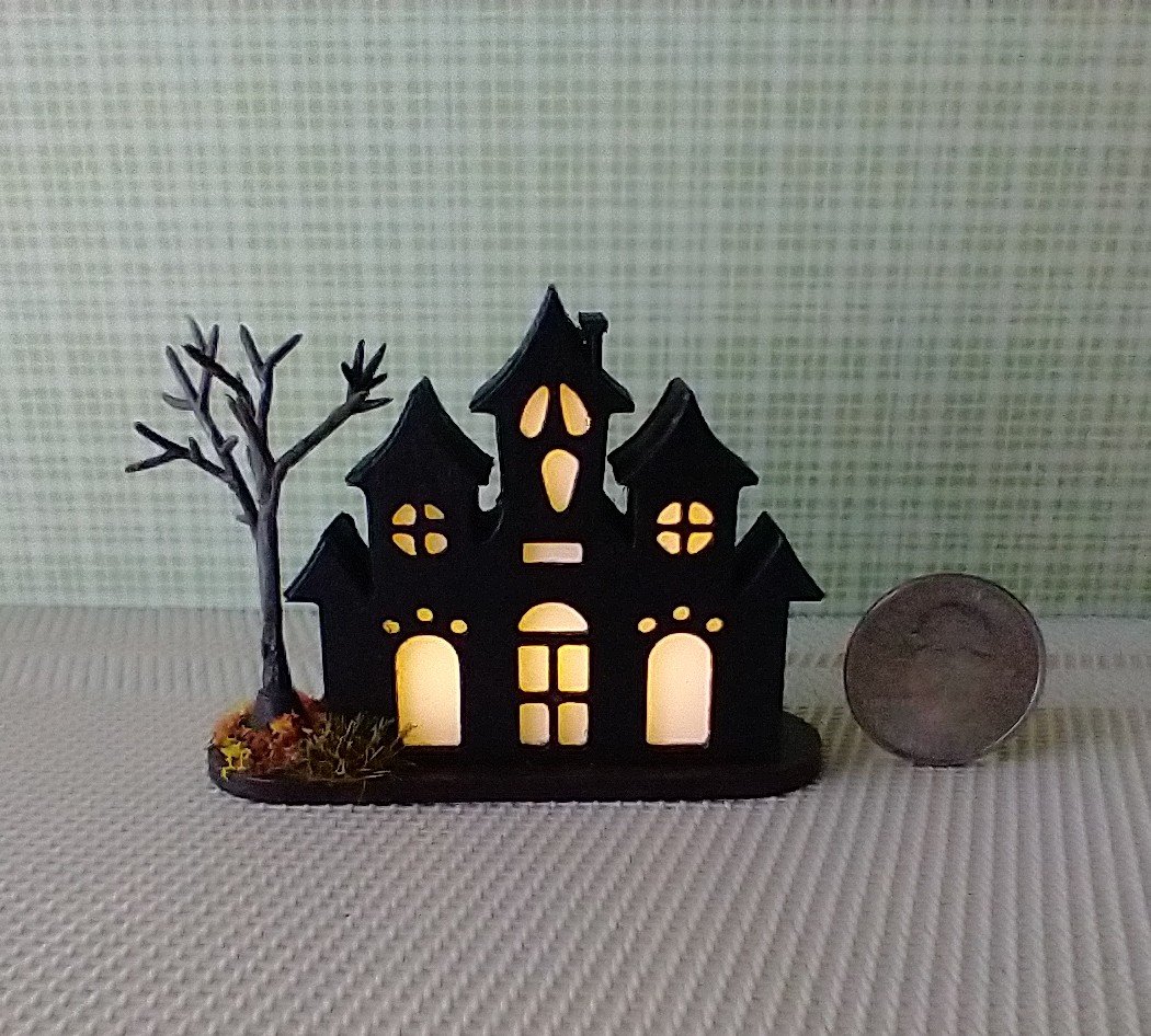 Miniature light up halloween haunted house with leafless tree Battery operated for 1-inch scale or play scale REF 3