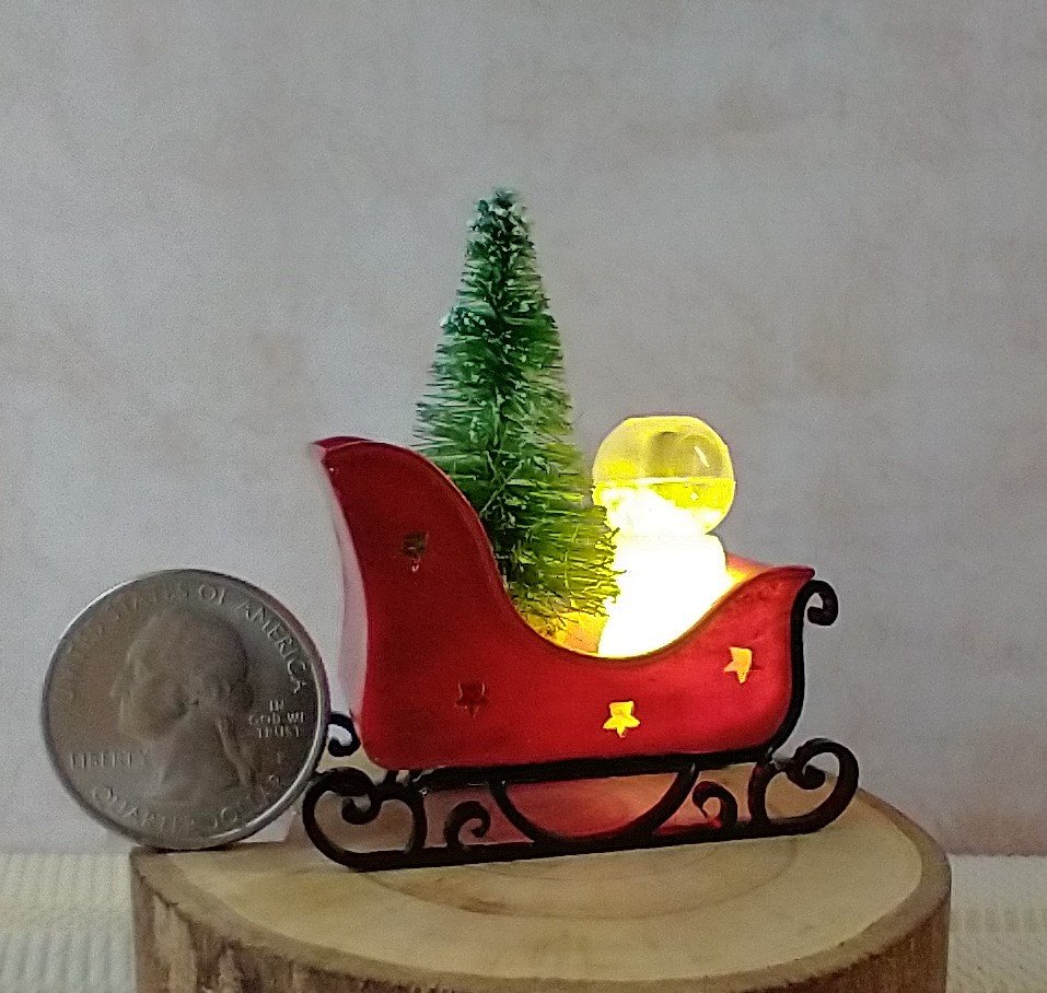 Miniature light up Santa sleigh holiday decor Battery lighted Christmas sleigh for 1-inch or half-inch scale REF Red sleigh deers decal