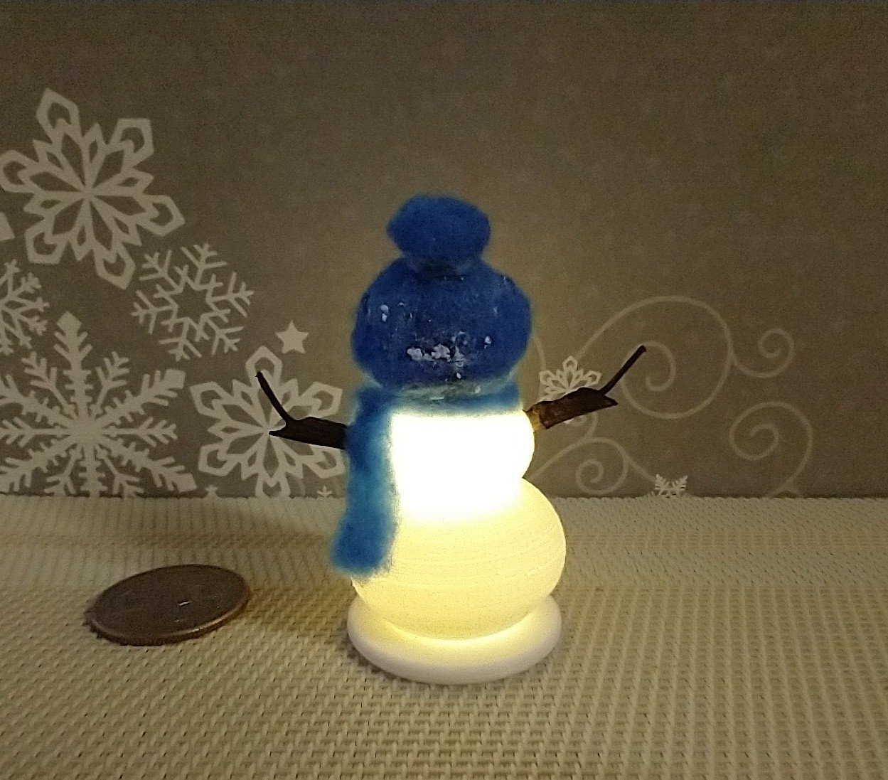 1:12 Dollhouse miniature light up snowman junior with blue felt hat Battery operated holiday decor