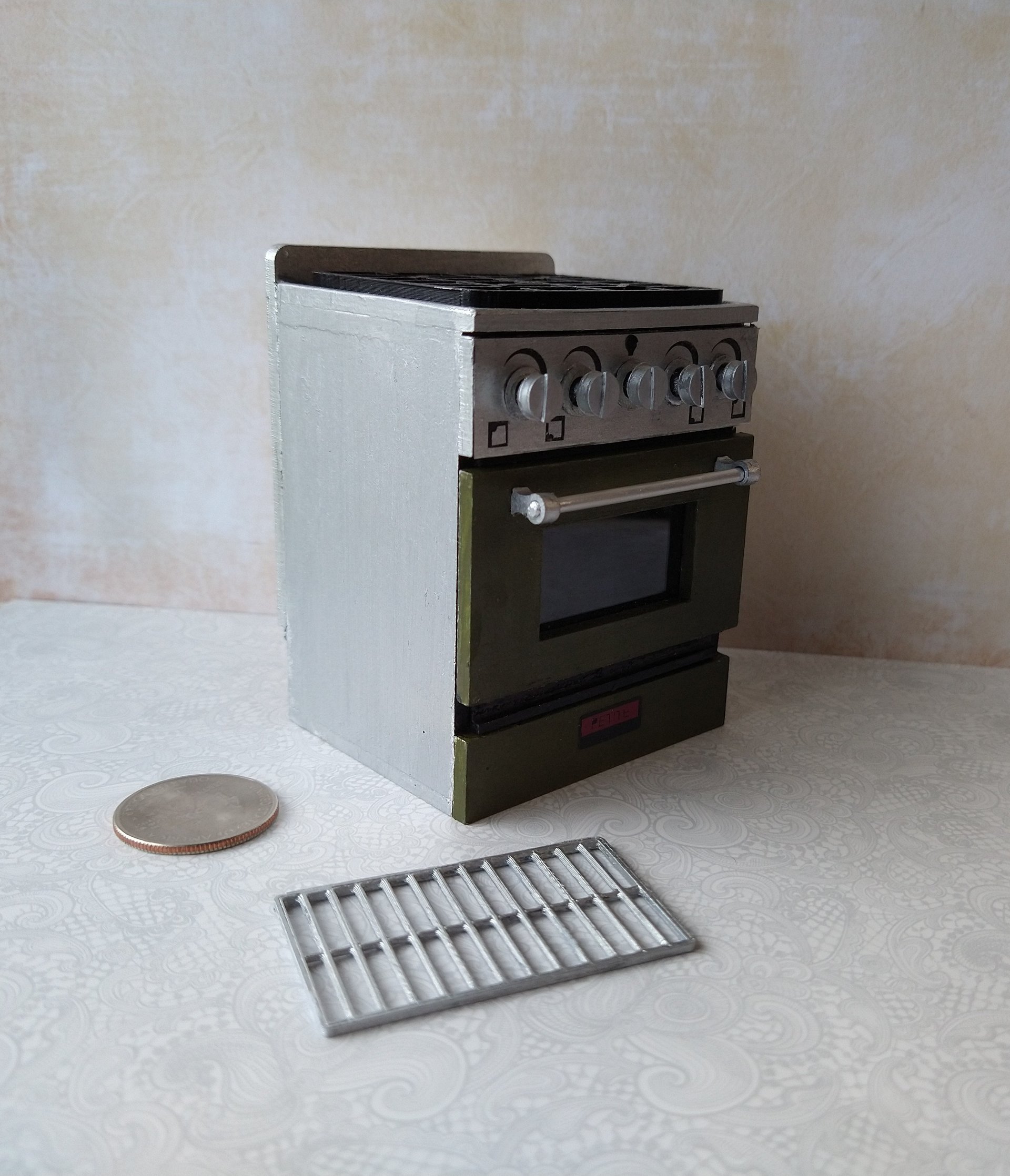 RESERVED 1:12 Dollhouse gas stove with  light up oven and four burners with suggested blue flames Door and faux drawer in green with silvery sides