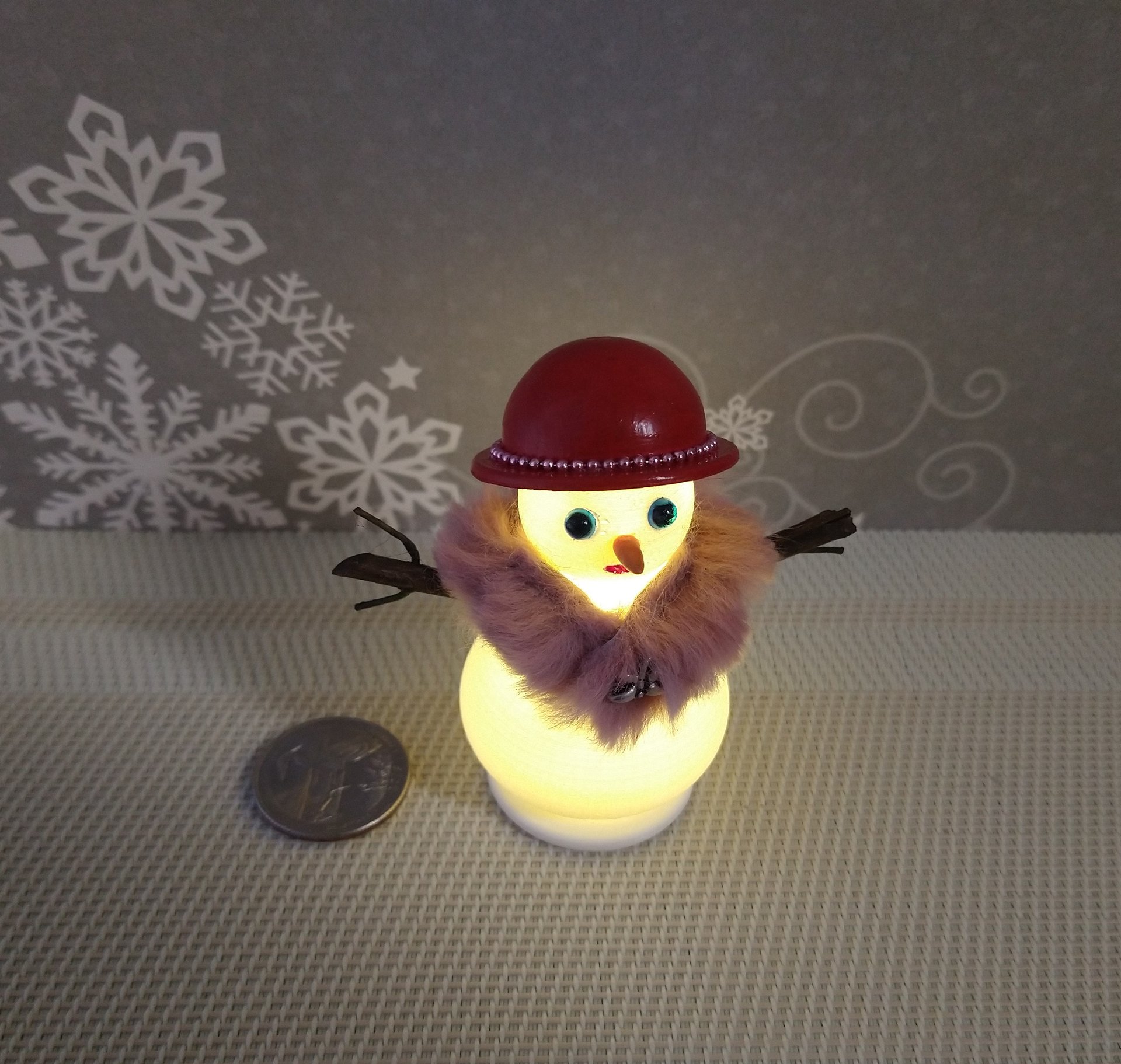 1:12 Dollhouse miniature light up snowlady with rabbit fur shawl and red hat Battery operated holiday decor REF Snowlady