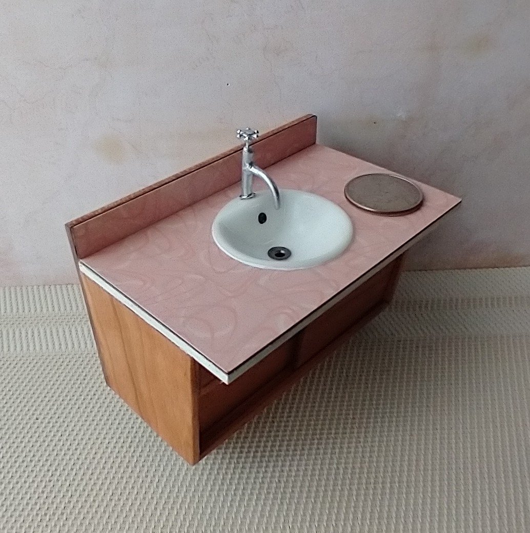 1:12 Dollhouse mid-century styled bath single sink vanity cabinet Angled cabinet undermount sink with backsplash and sliding doors