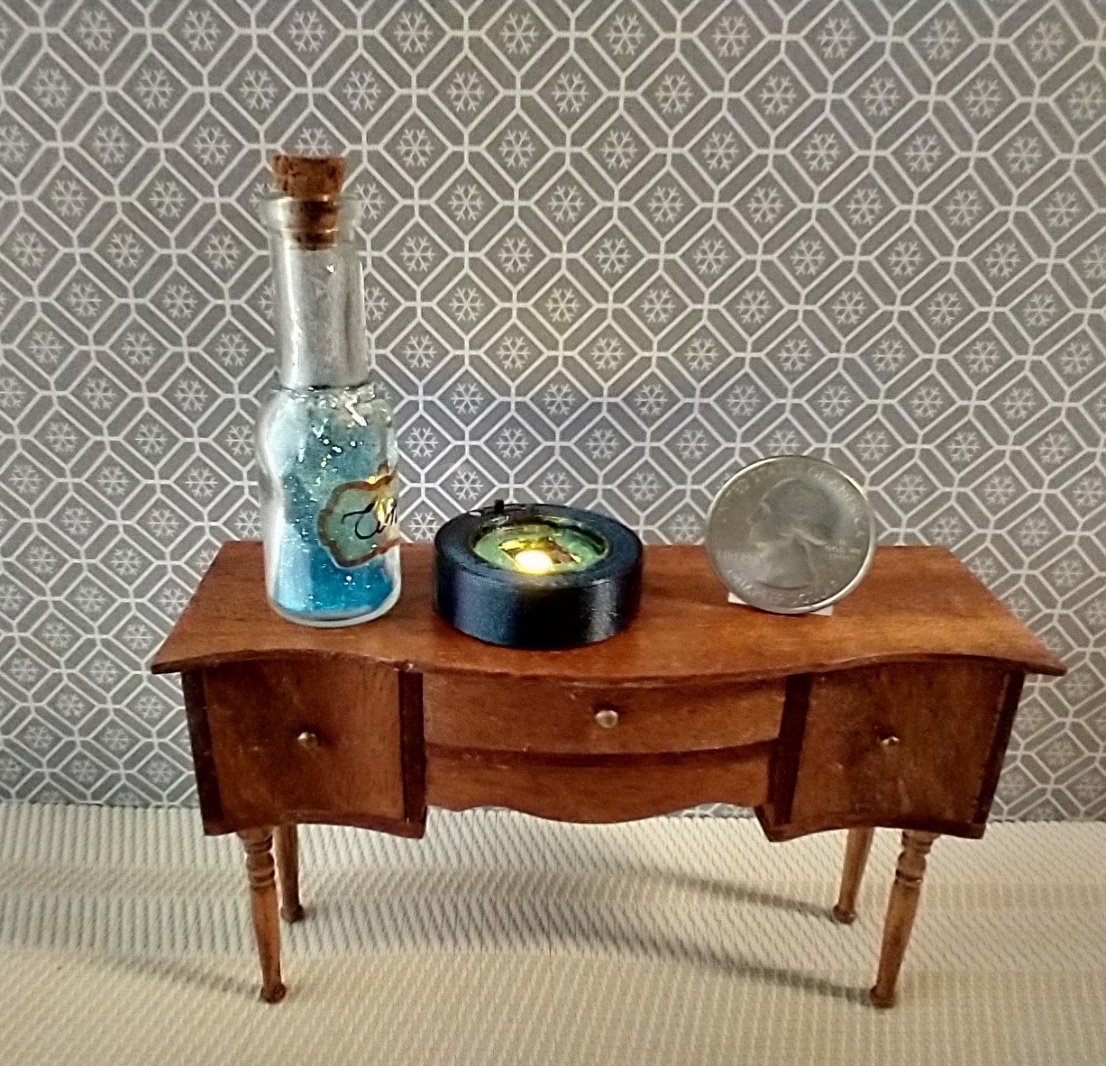 Dollhouse miniature battery lighted glass bottle blue glitter bubbles and "Time" tag inside bottle for 12th or play scale dioramas No external wires