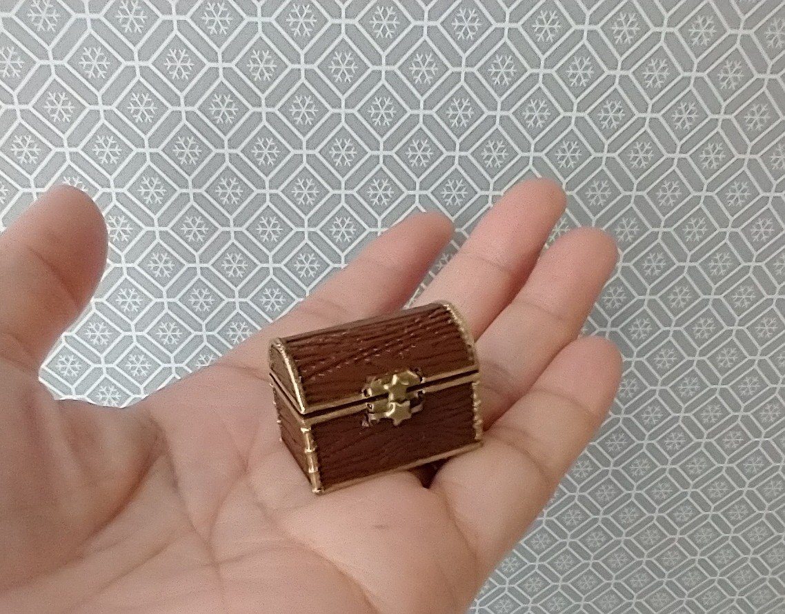 1:12 scale miniature treasure chest in chocolate color wood grain texture - an alternative to traditional pumpkin candy basket REF Small