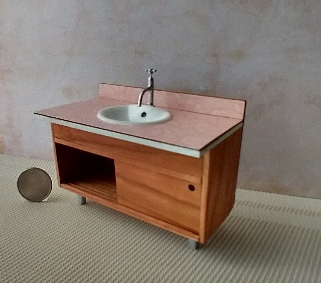 1:12 Dollhouse mid-century styled bath single sink vanity cabinet Angled cabinet undermount sink with backsplash and sliding doors