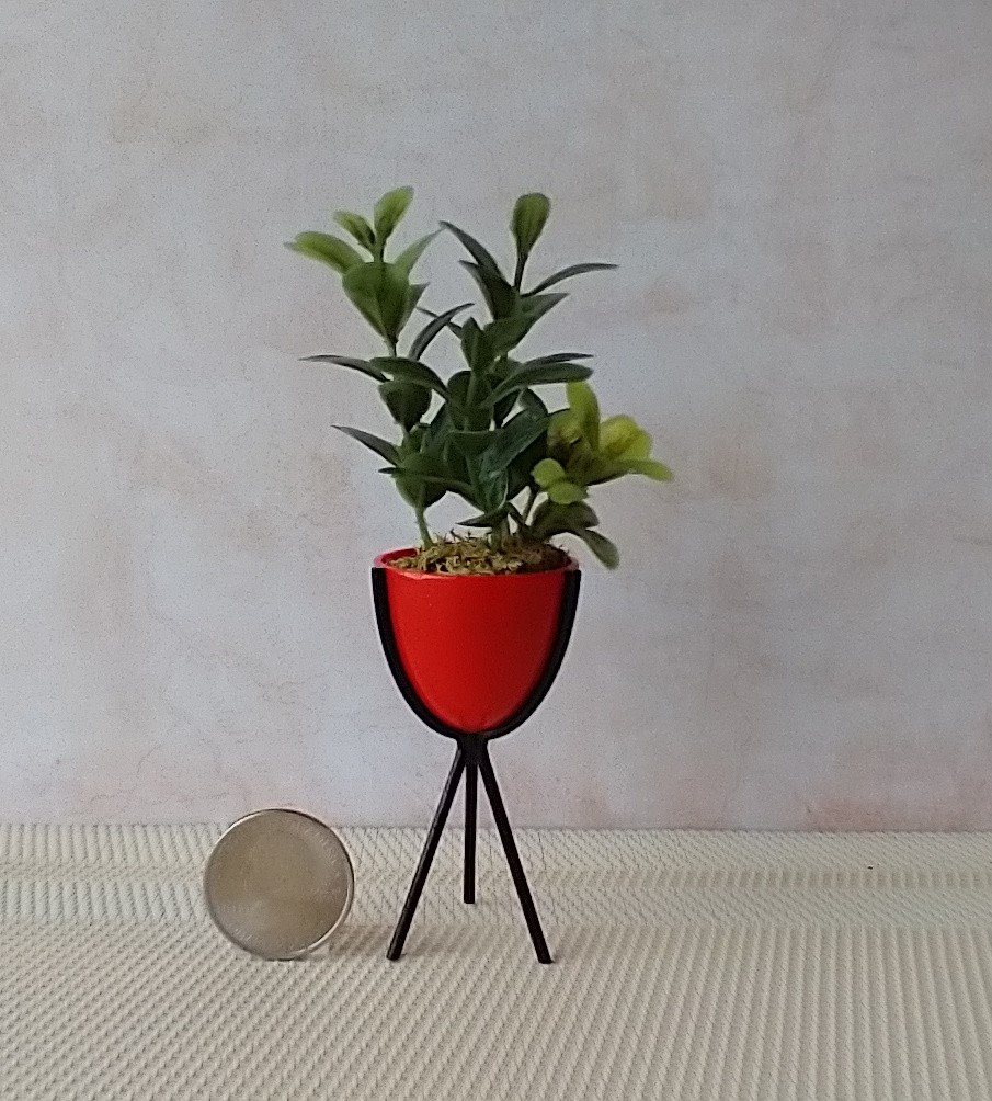 1:12 Dollhouse MCM style atomic bullet planter Miniature modern planter with tripod legs REF Tall red
