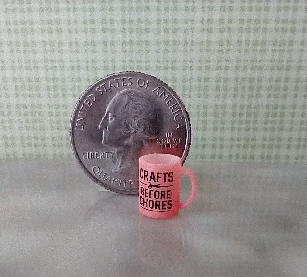 1:12 scale miniature message mug Craft before Chores pink coffee mug REF Pink Craft b4