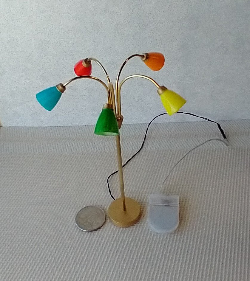 RESERVED 1:12 scale dollhouse mid-century style 5-arm floor lamp with shades in multiple colors Battery operated dollhouse lamp with external wires
