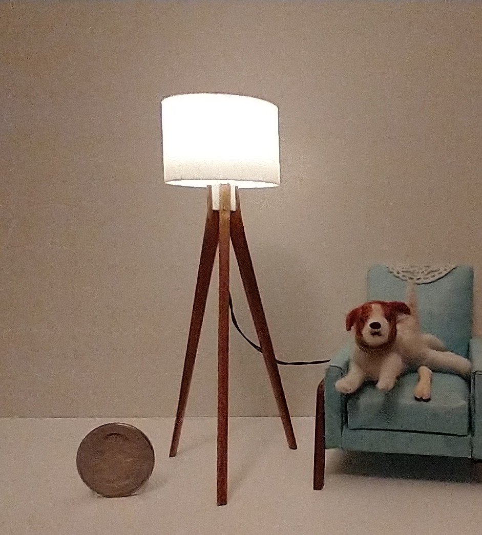 RESERVED for Robin 1:12 Dollhouse miniature tripod floor lamp cherry wood legs Modern tripod lamp Battery operated floor lamp with external wires