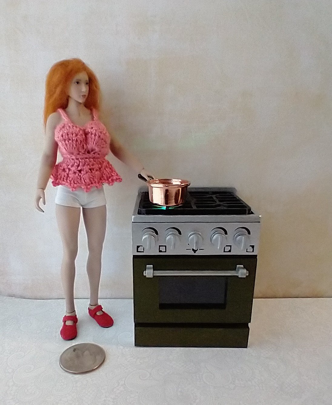 RESERVED 1:12 Dollhouse gas stove with  light up oven and four burners with suggested blue flames Door and faux drawer in green