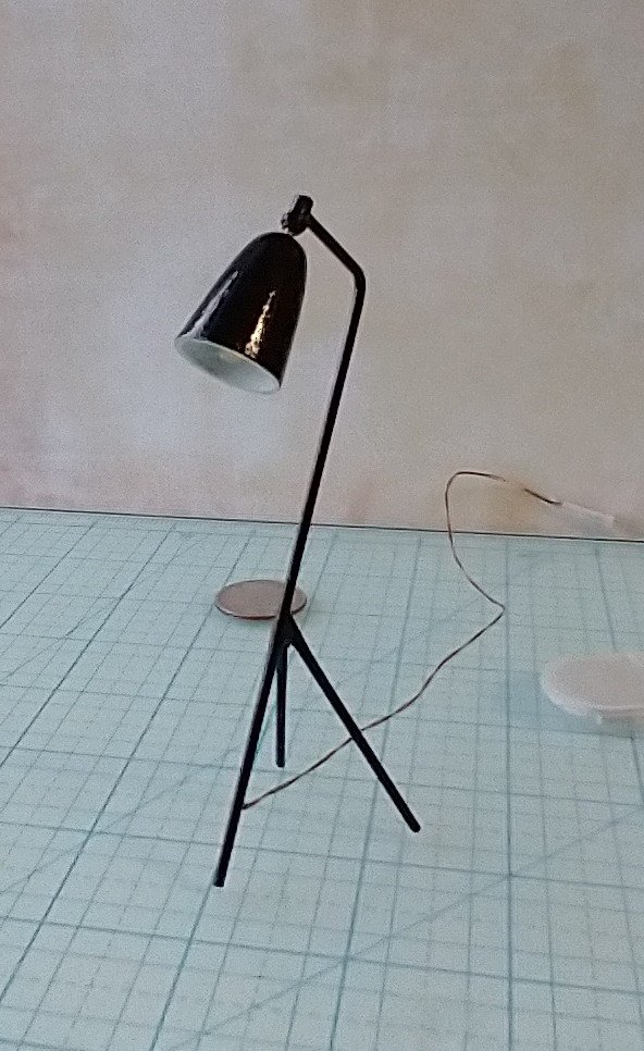 1:12 Dollhouse mid-century styled floor lamp Black tripod floor lamp Battery operated LED lamp with external wires REF Grasshopper