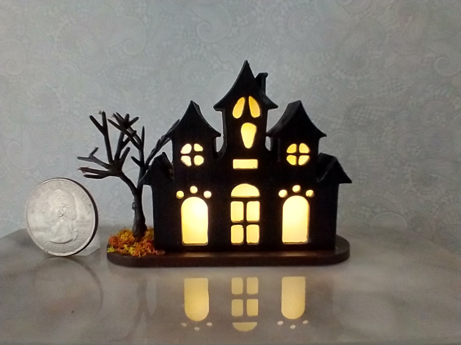 PREORDER Deposit of $1 for one unit of miniature light up halloween haunted house with leafless tree Battery operated for 1-inch scale or play scale