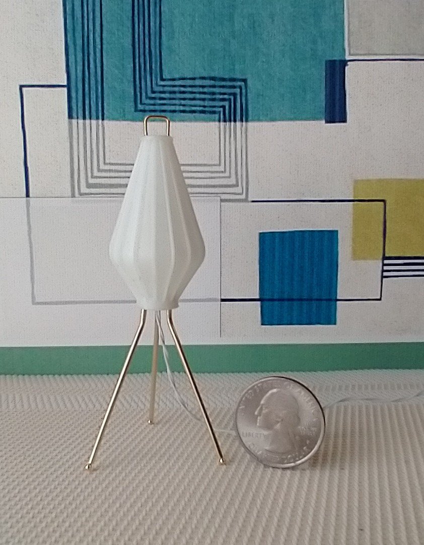 1:12 scale dollhouse mid-century modern tripod floor lamp Inspired by the 60s cocoon floor lamp Battery operated MCM lamp with external wires