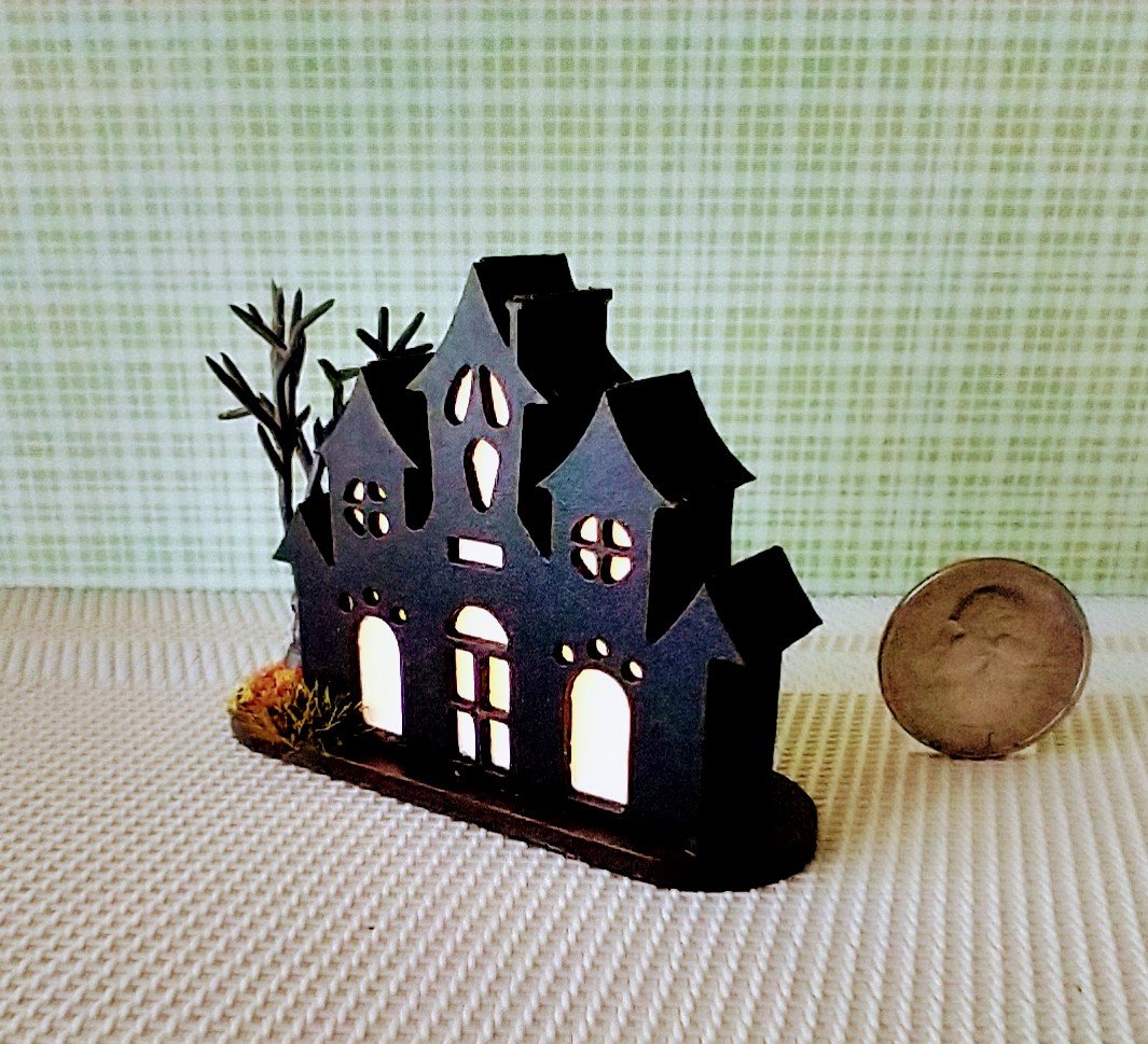 Miniature light up halloween haunted house with leafless tree Battery operated for 1-inch scale or play scale REF 3