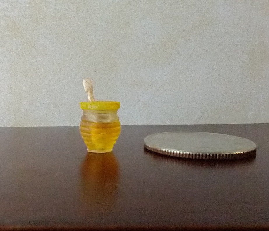 1:12 Dollhouse clear beehive honey jar with immersed wooden dipper and removable yellow lid REF Yellow lid