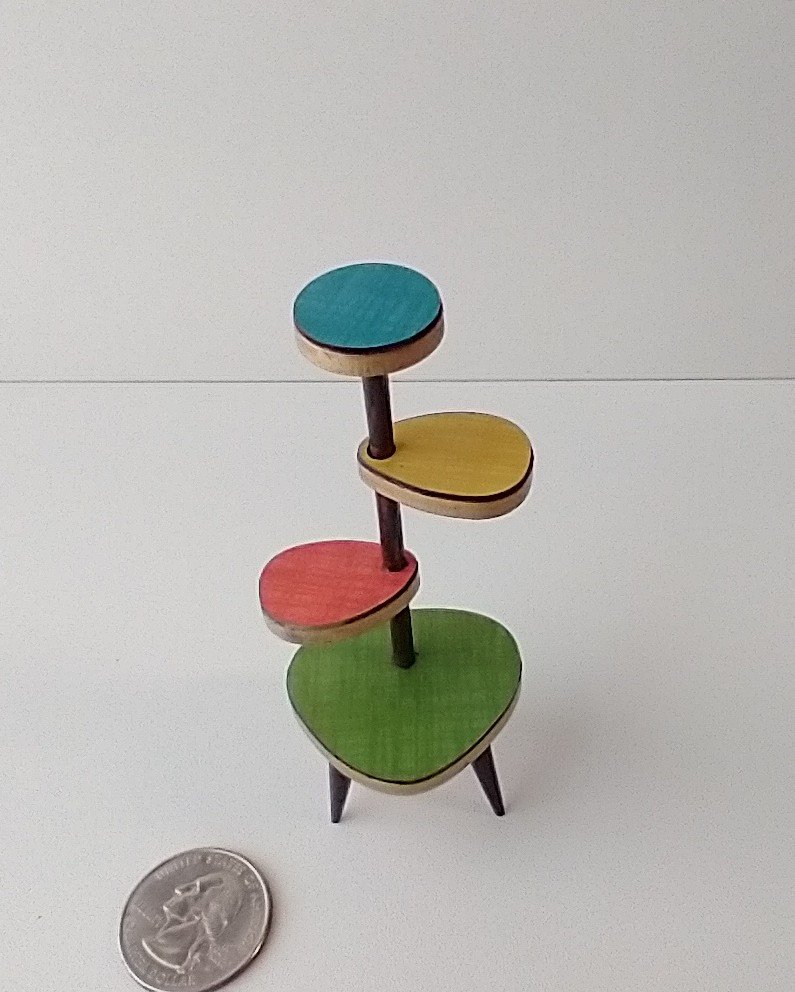 1:12 Dollhouse mid-century style plant stand inspired by Formica 4-tier plant stand with tapered legs REF Lowest green platform