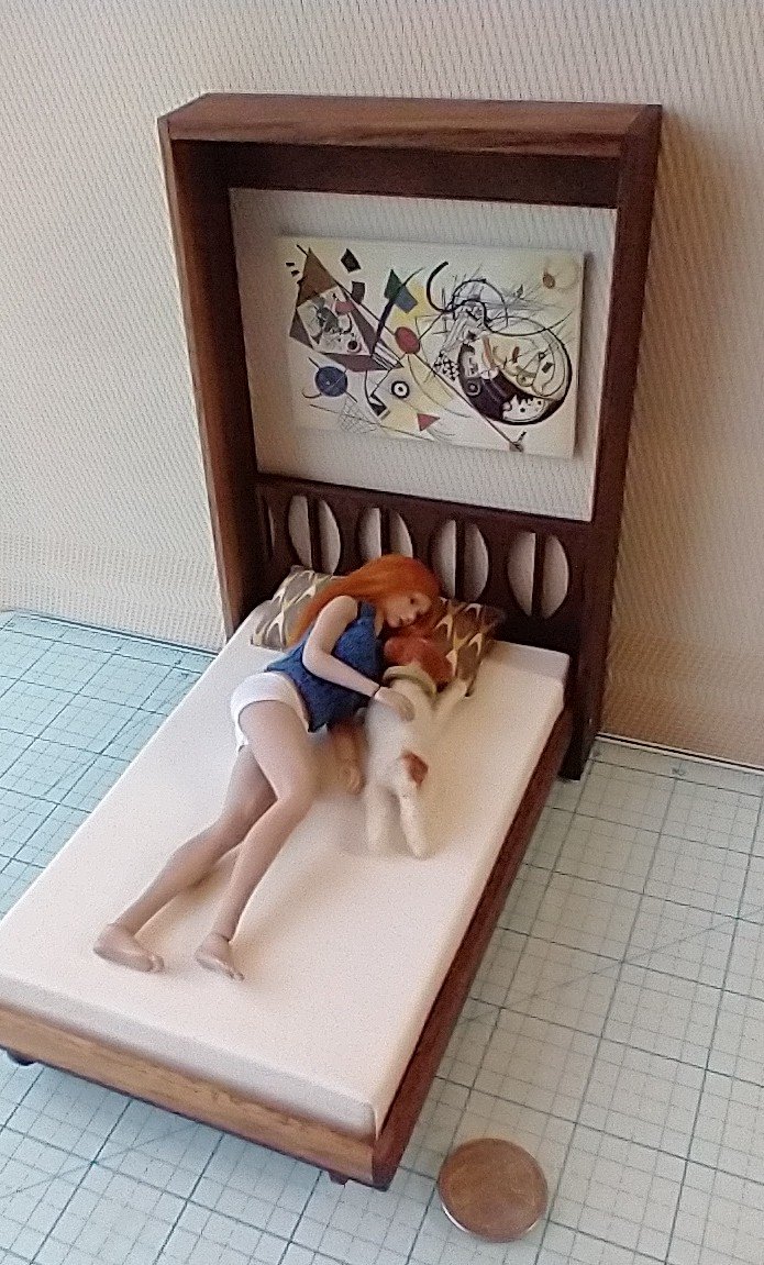 1:12 Dollhouse miniature Murphy bed in solid walnut with mid-century styled headboard Full/double fold-down bed Wall bed with front shelving Accesssories NOT included