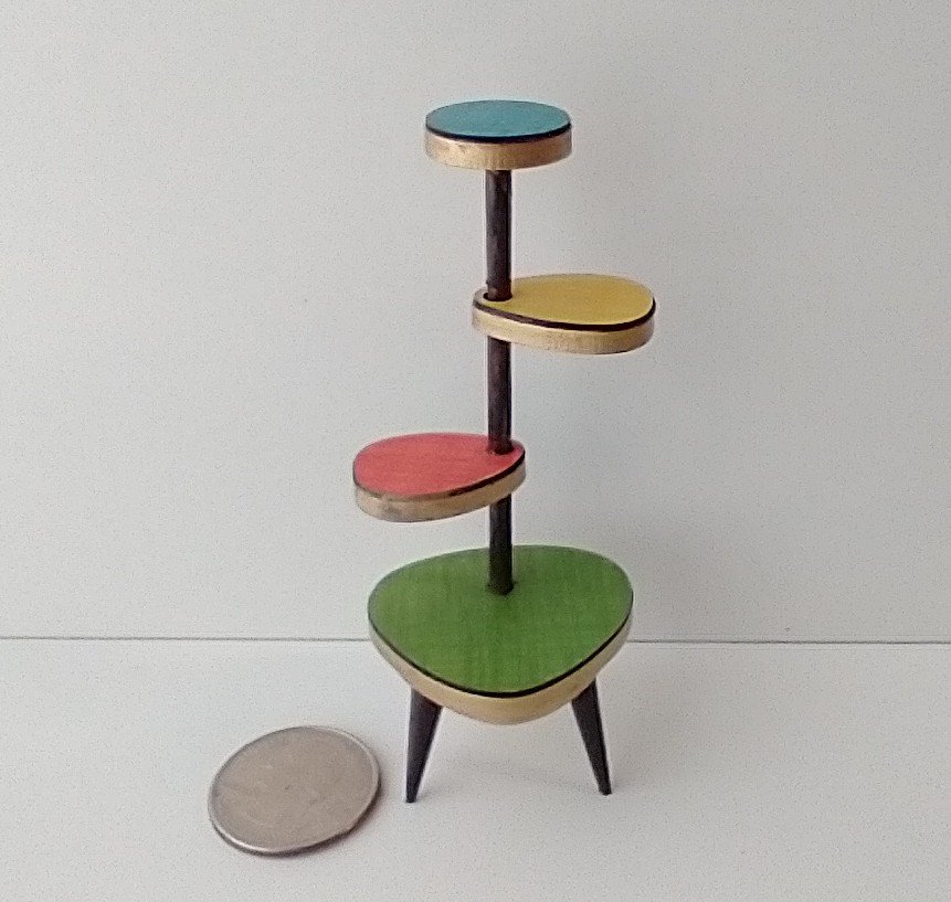1:12 Dollhouse mid-century style plant stand inspired by Formica 4-tier plant stand with tapered legs REF Lowest green platform