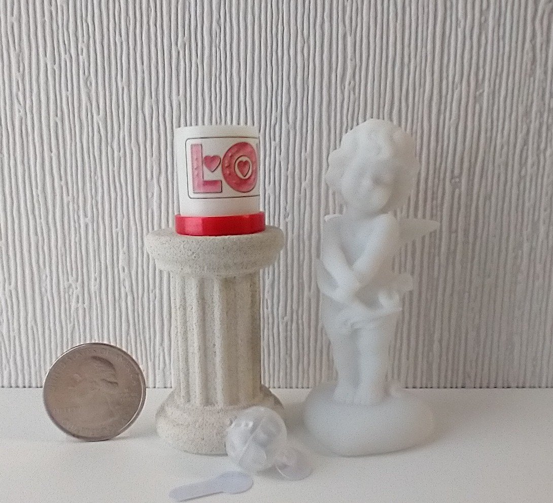 1:12 Dollhouse miniature LOVE candle sleeve or battery lighted candle holder REF LOVE on white