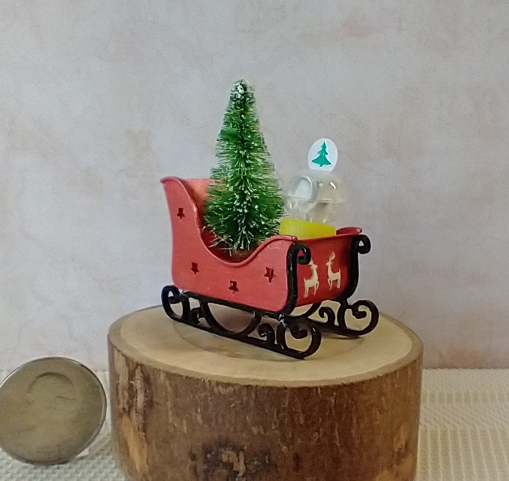 Miniature light up Santa sleigh holiday decor Battery lighted Christmas sleigh for 1-inch or half-inch scale REF Red sleigh deers decal