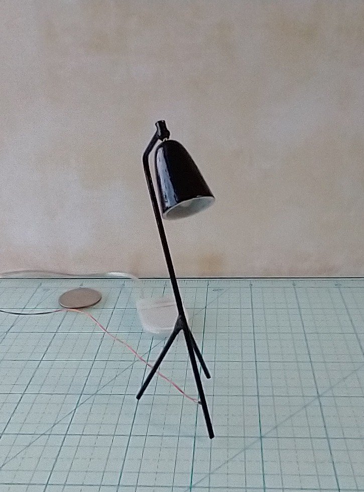1:12 Dollhouse mid-century styled floor lamp Black tripod floor lamp Battery operated LED lamp with external wires REF Grasshopper