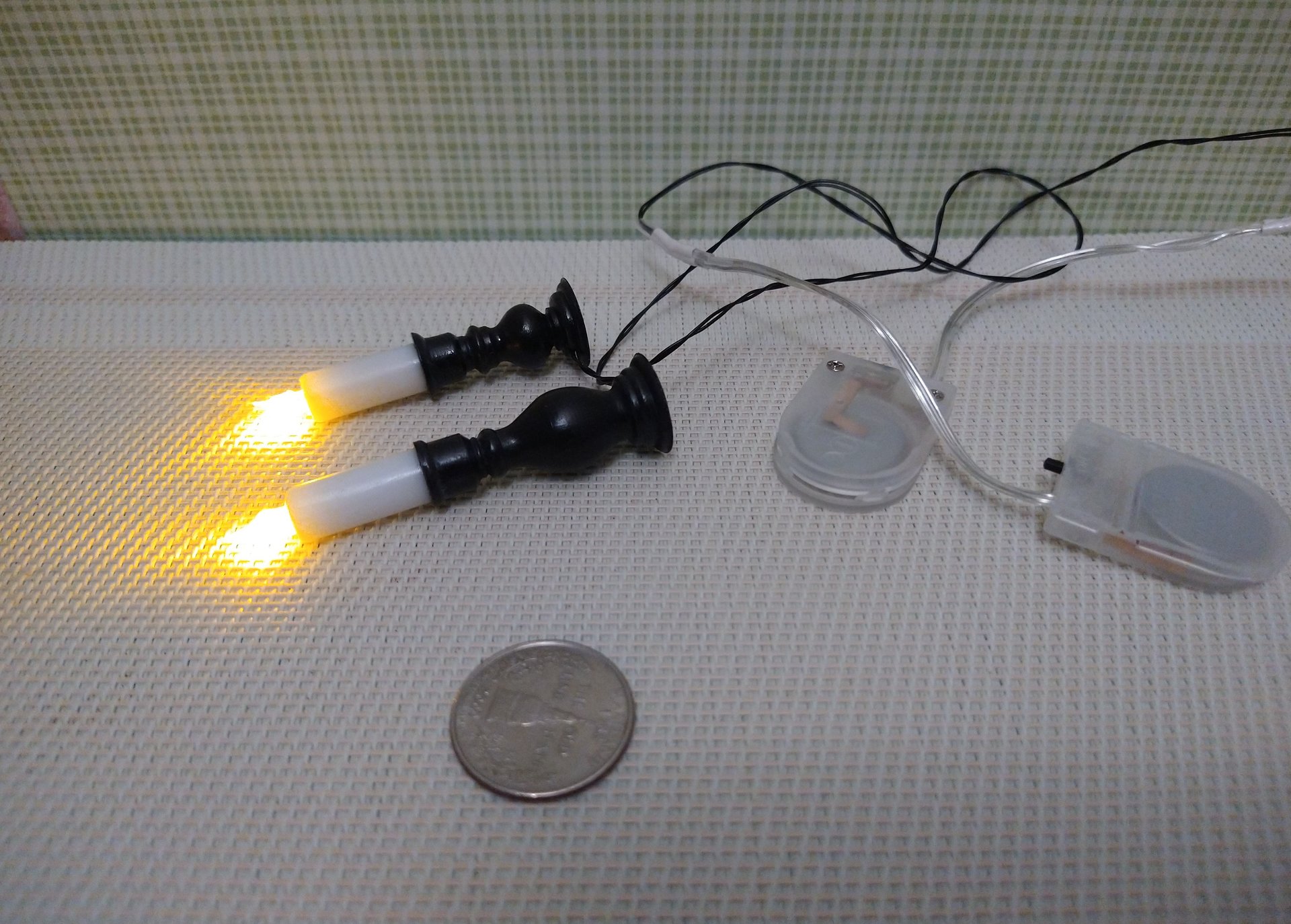 1:12 Dollhouse set of two floor candlestick holders with flickering flames Battery operated light up candles in a pair of candlestick holders