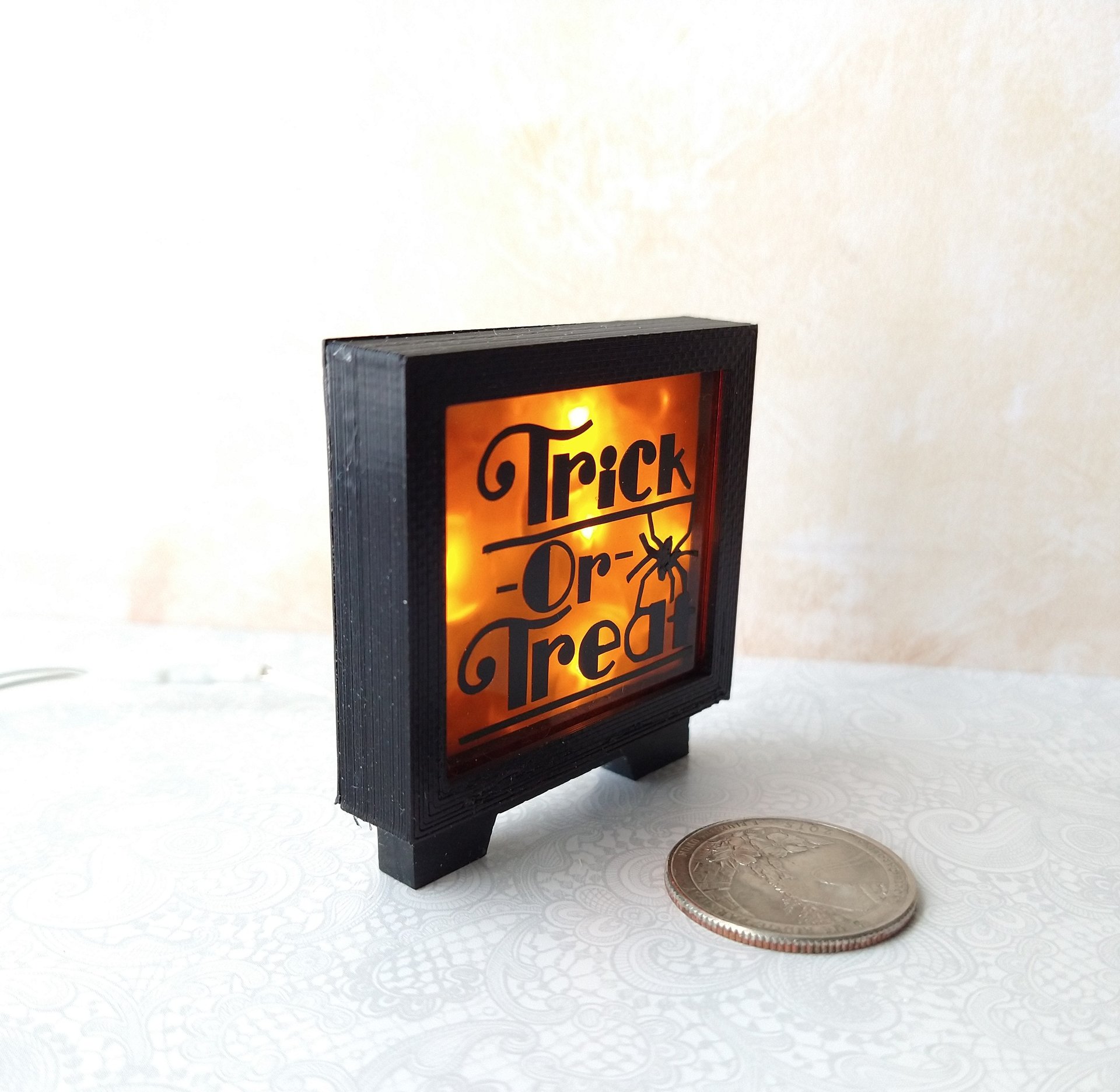 1:12 dollhouse Halloween light box Battery operated light up Trick or Treat sign on external wires
