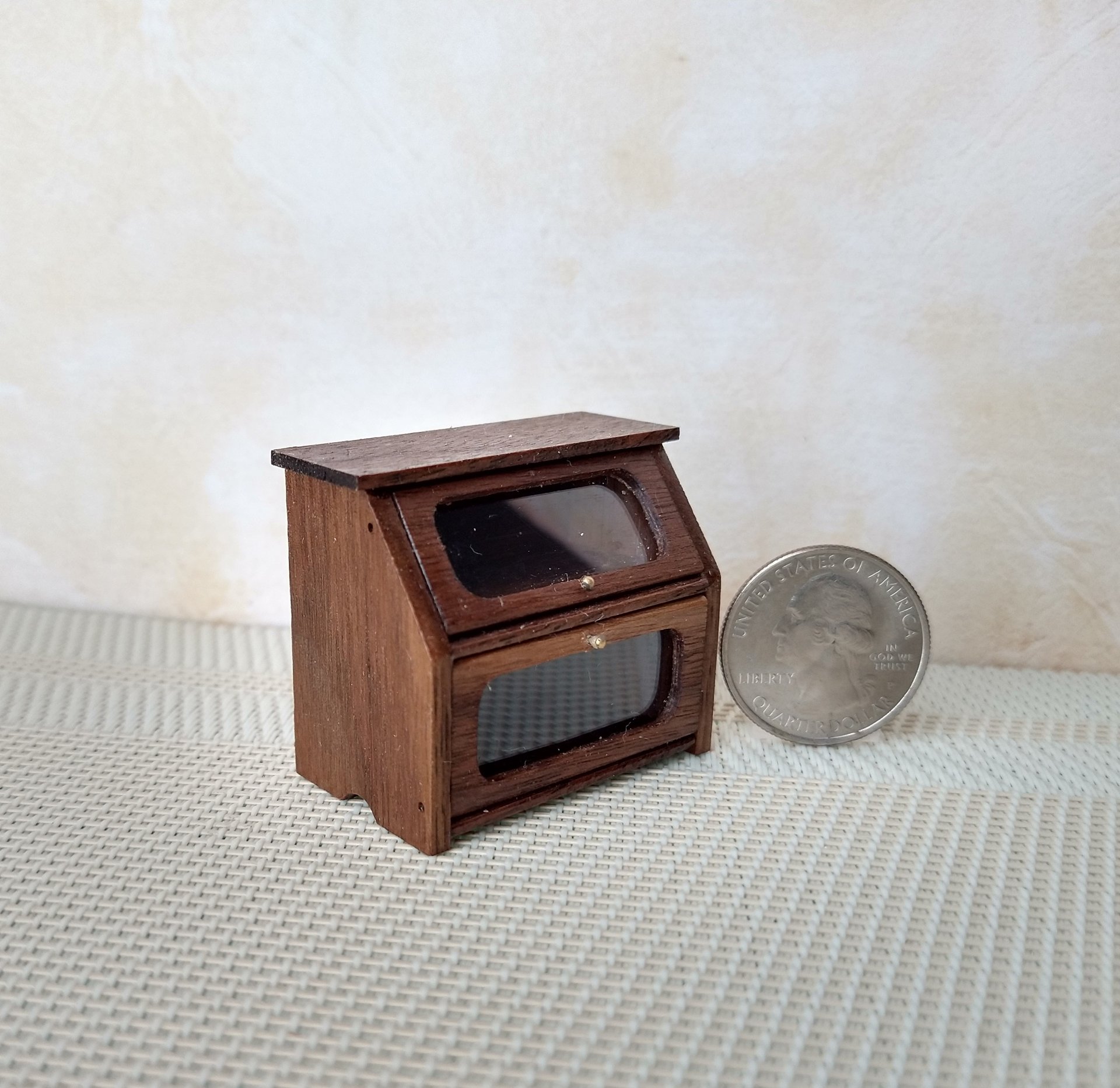 1:12 Dollhouse 2-tier bread box or goodies box with hinged doors and clear windows in solid walnut