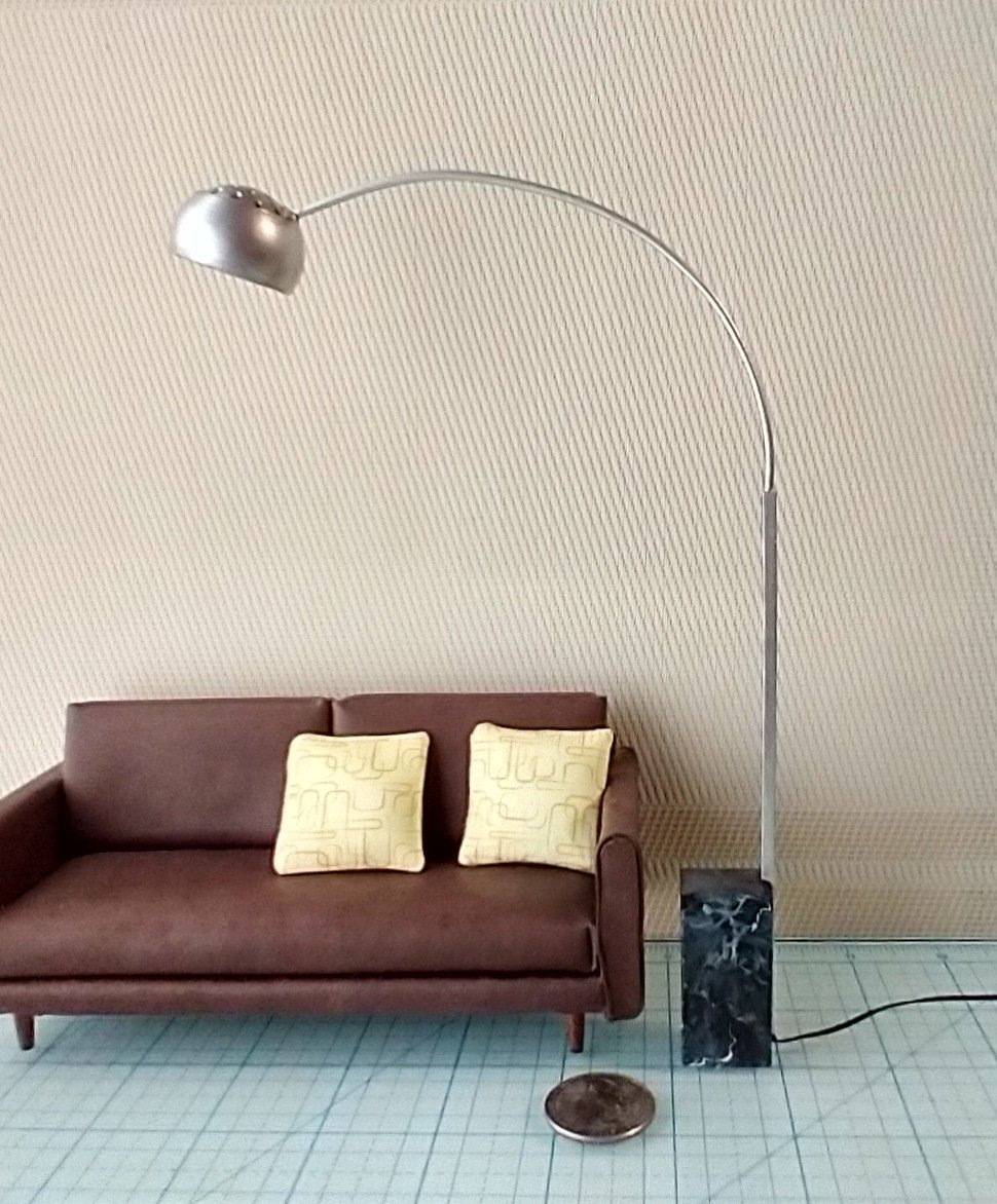 1:12 Dollhouse arc floor lamp with faux stone lamp base Mid century styled lamp Battery operated LED floor lamp on external wires